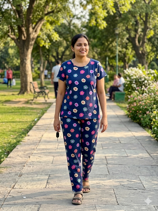 Navy Blue with Multicolor Floral Printed T-shirt with Combo Pant Set