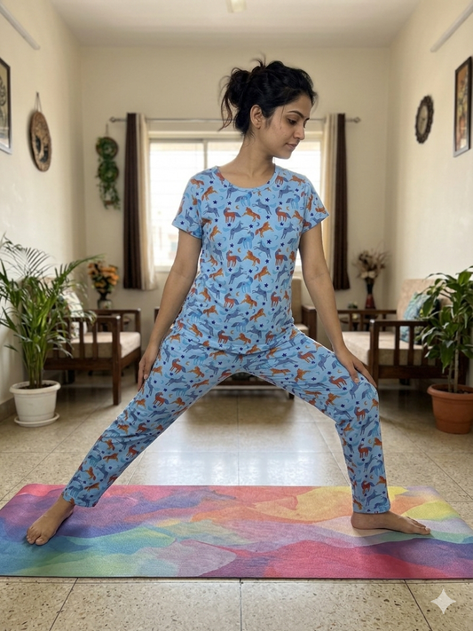 Sky-Blue with Multicolor Horse Printed T-shirt with Combo Pant Set