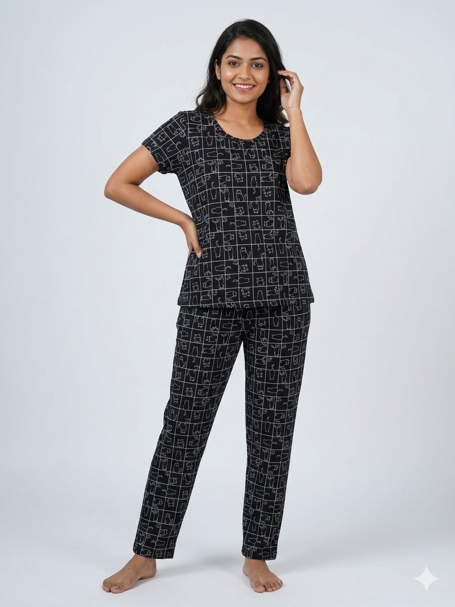 Black with White Cat's Printed T-shirt with Combo Pant Set