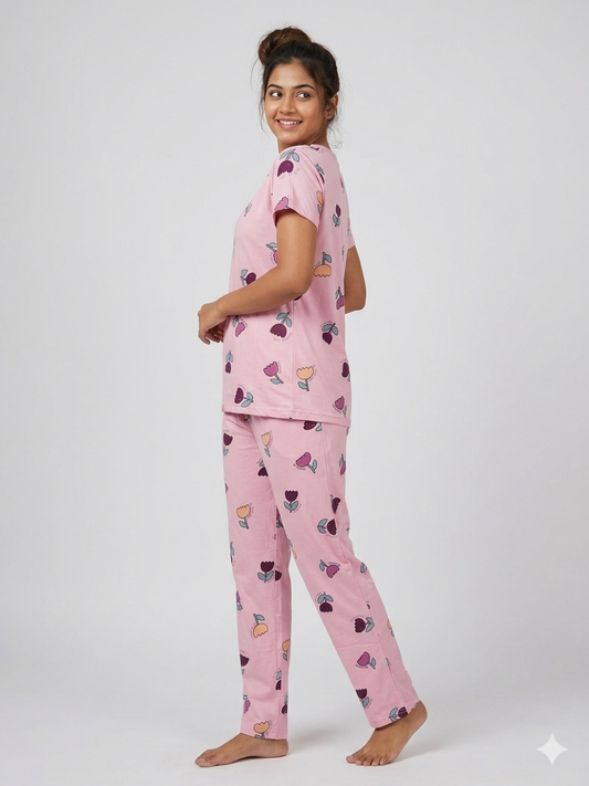 Pink with Multicolor Floral Printed T-shirt with Combo Pant Set
