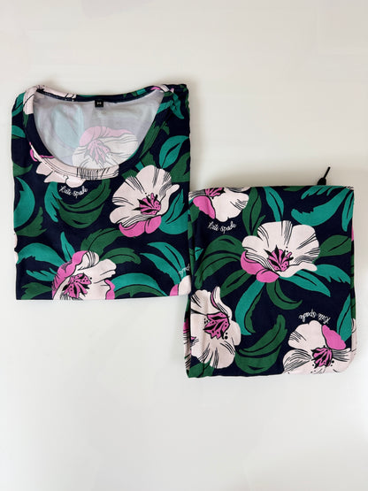 Spun Fabric Navy Blue Tropical Floral Printed T-shirt and Palazzo Set