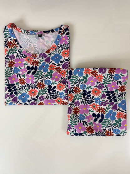Spun Fabric White Multicolor Floral Printed T-shirt and Palazzo Set
