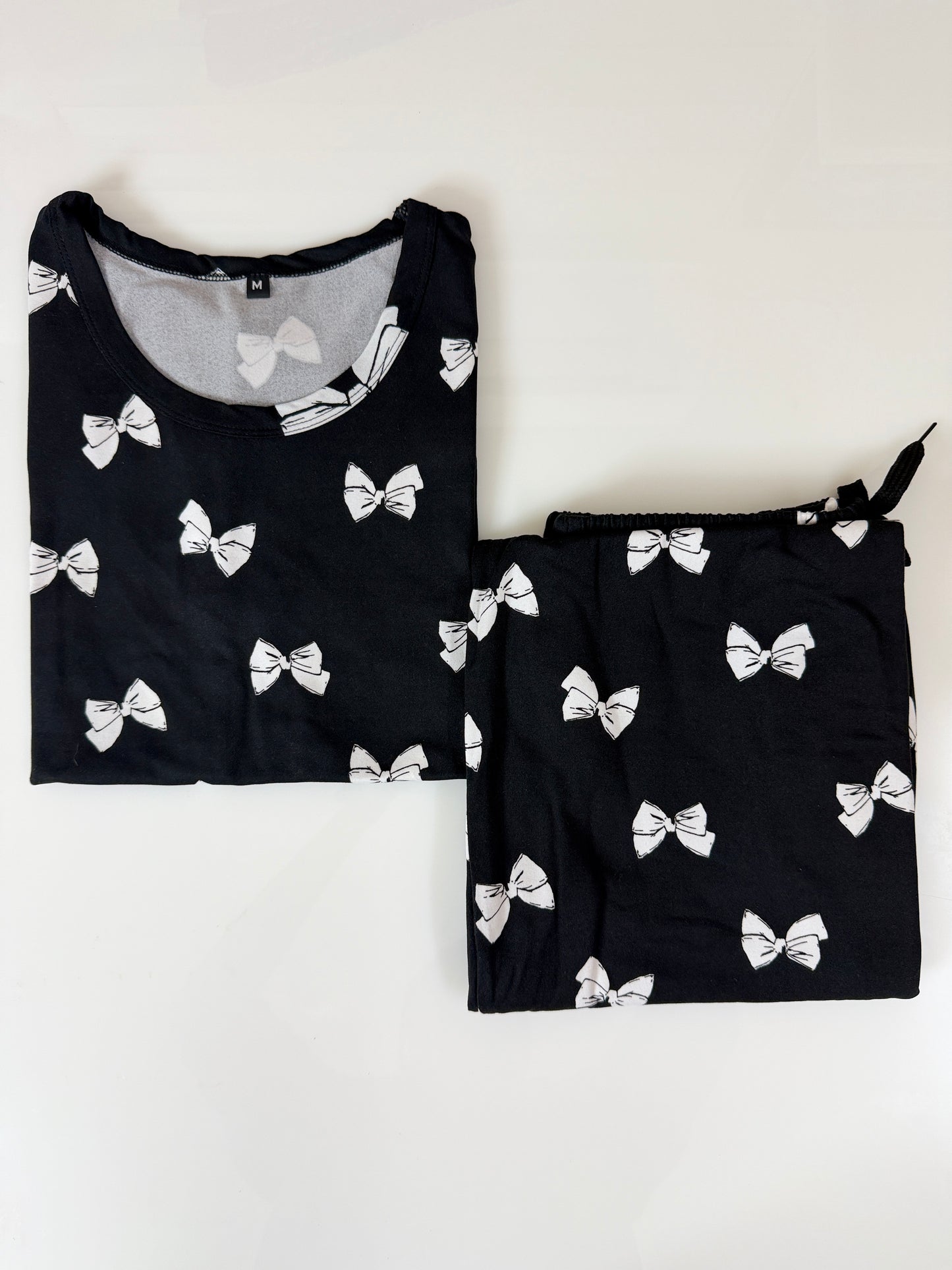 Spun Fabric Black Bow Print T-shirt and Palazzo Set