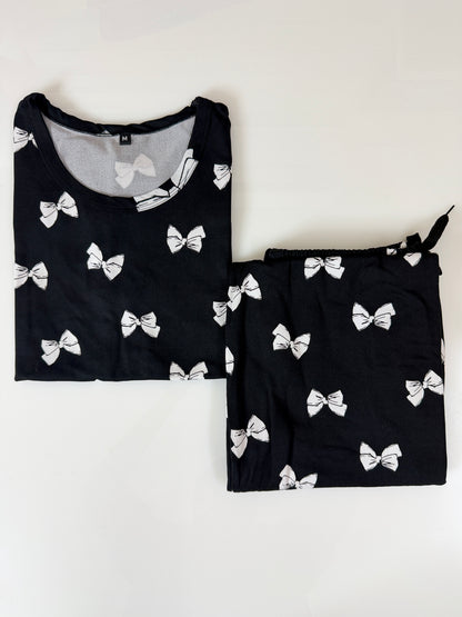 Spun Fabric Black Bow Print T-shirt and Palazzo Set