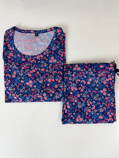 Spun Fabric Blue Multicolor Floral Print T-shirt and Palazzo Set
