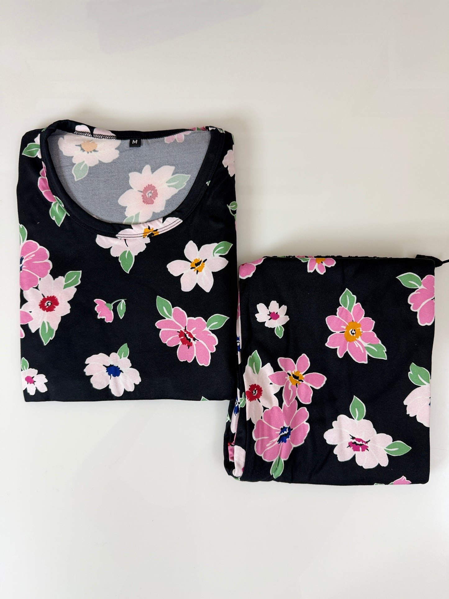 Spun Fabric Black Multicolor Floral Print T-shirt and Palazzo Set