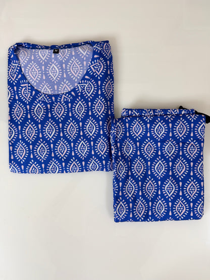 Spun Fabric Blue Ethnic Print T-shirt and Palazzo Set