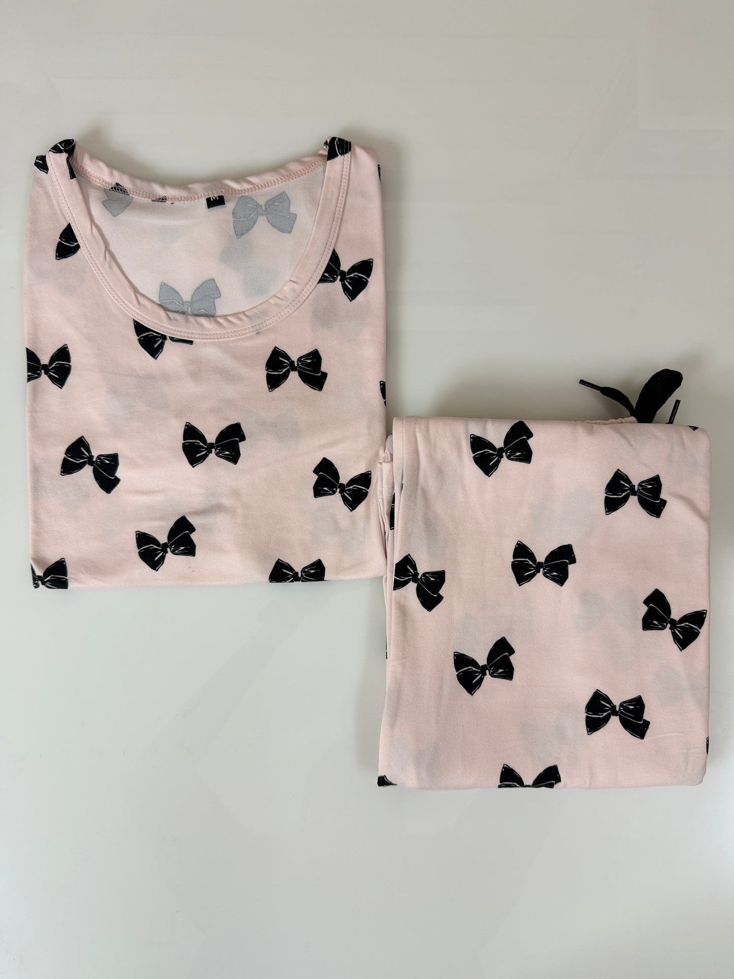 Spun Fabric Light Pink Bow Print T-shirt and Palazzo Set