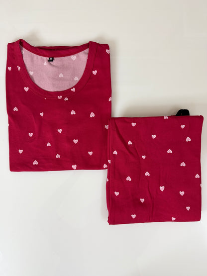 Spun Fabric Red Heart Print T-shirt and Palazzo Set