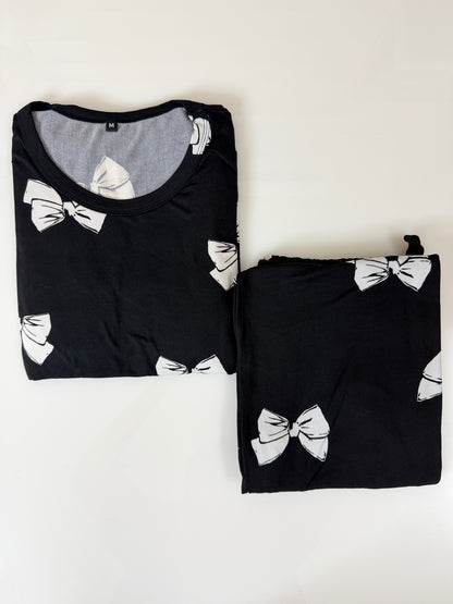 Spun Fabric Black Bow Print T-shirt and Palazzo Set