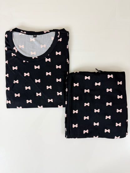 Spun Fabric Black Small Bow Print T-shirt and Palazzo Set