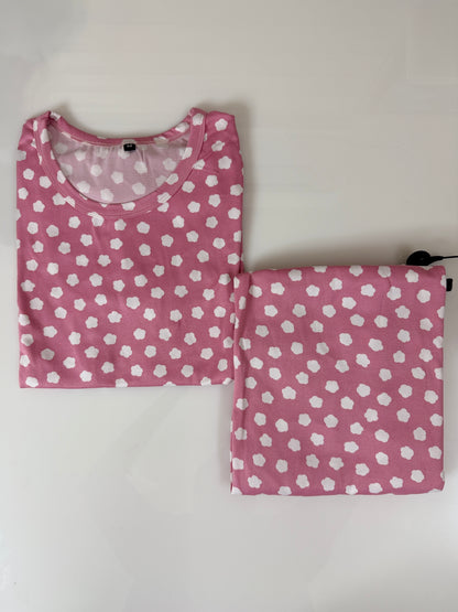 Spun Fabric Pink Polka Dot Print T-shirt and Palazzo Set