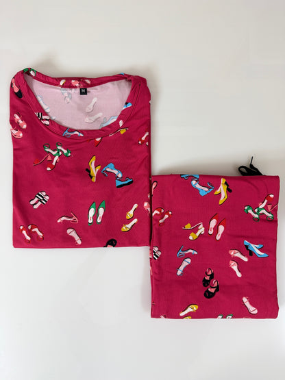 Spun Fabric Pink Footwear Print T-shirt and Palazzo Set