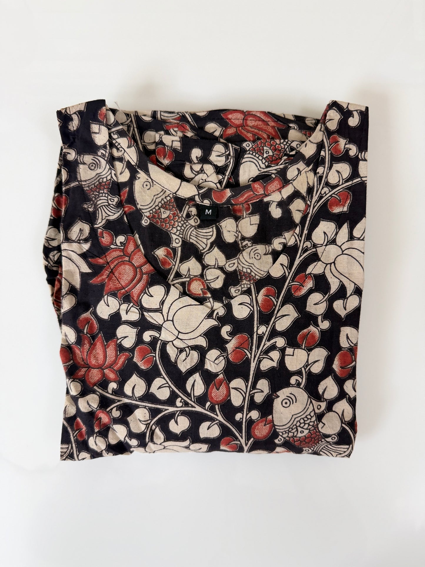 Kalamkari Cotton Frock Black Floral Fish Print