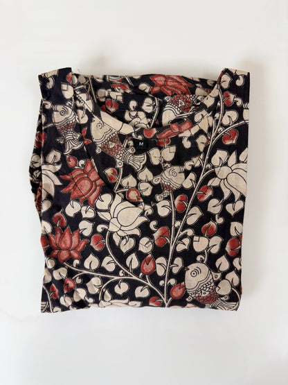 Kalamkari Cotton Frock Black Floral Fish Print
