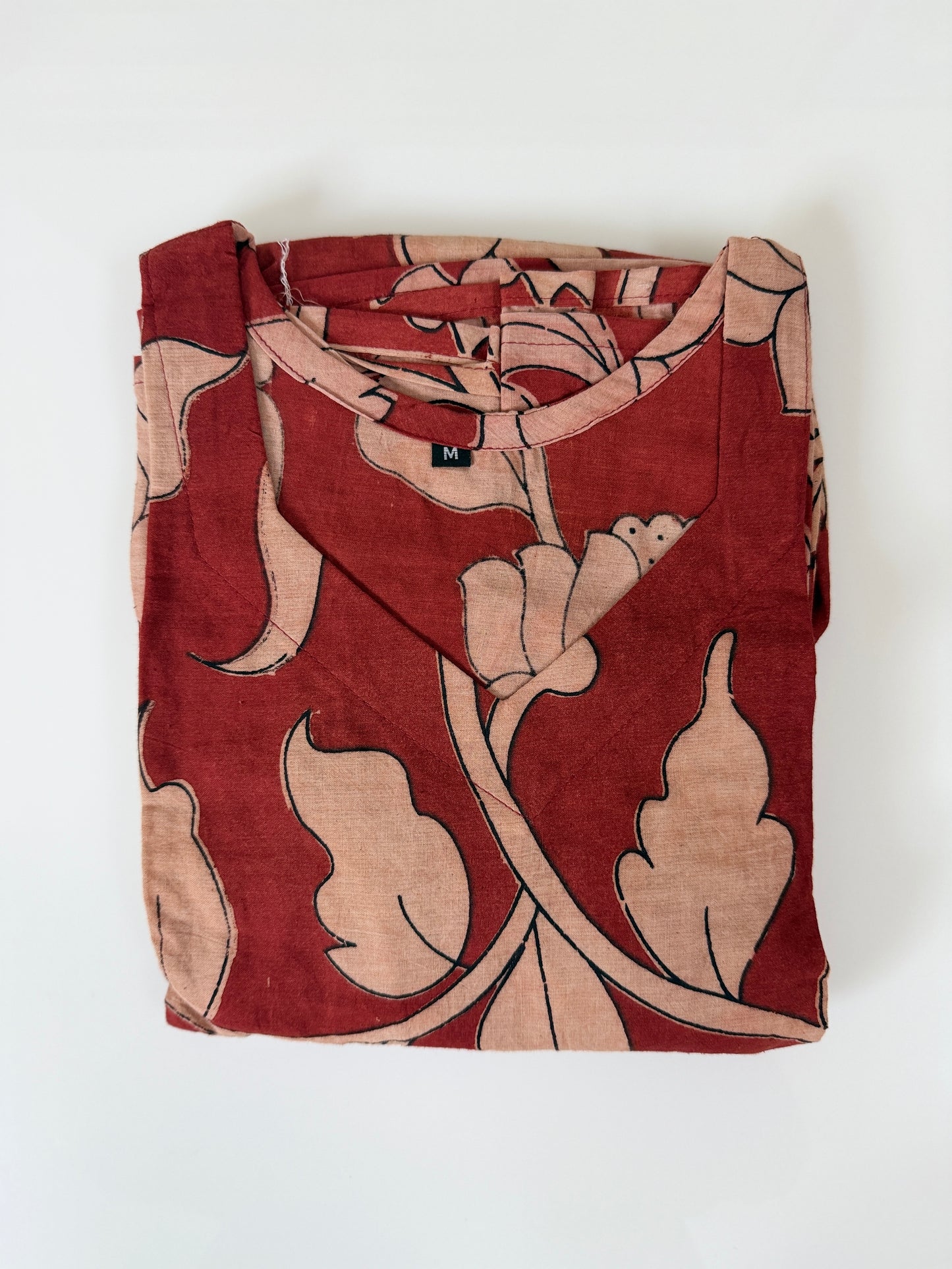 Kalamkari Cotton Frock Rust Floral Leaf Print