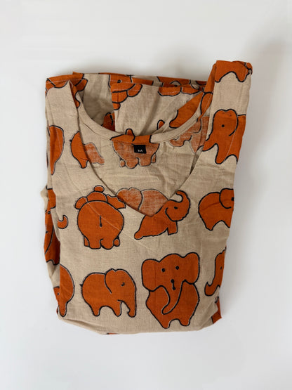 Kalamkari Cotton Frock Beige Elephant Print