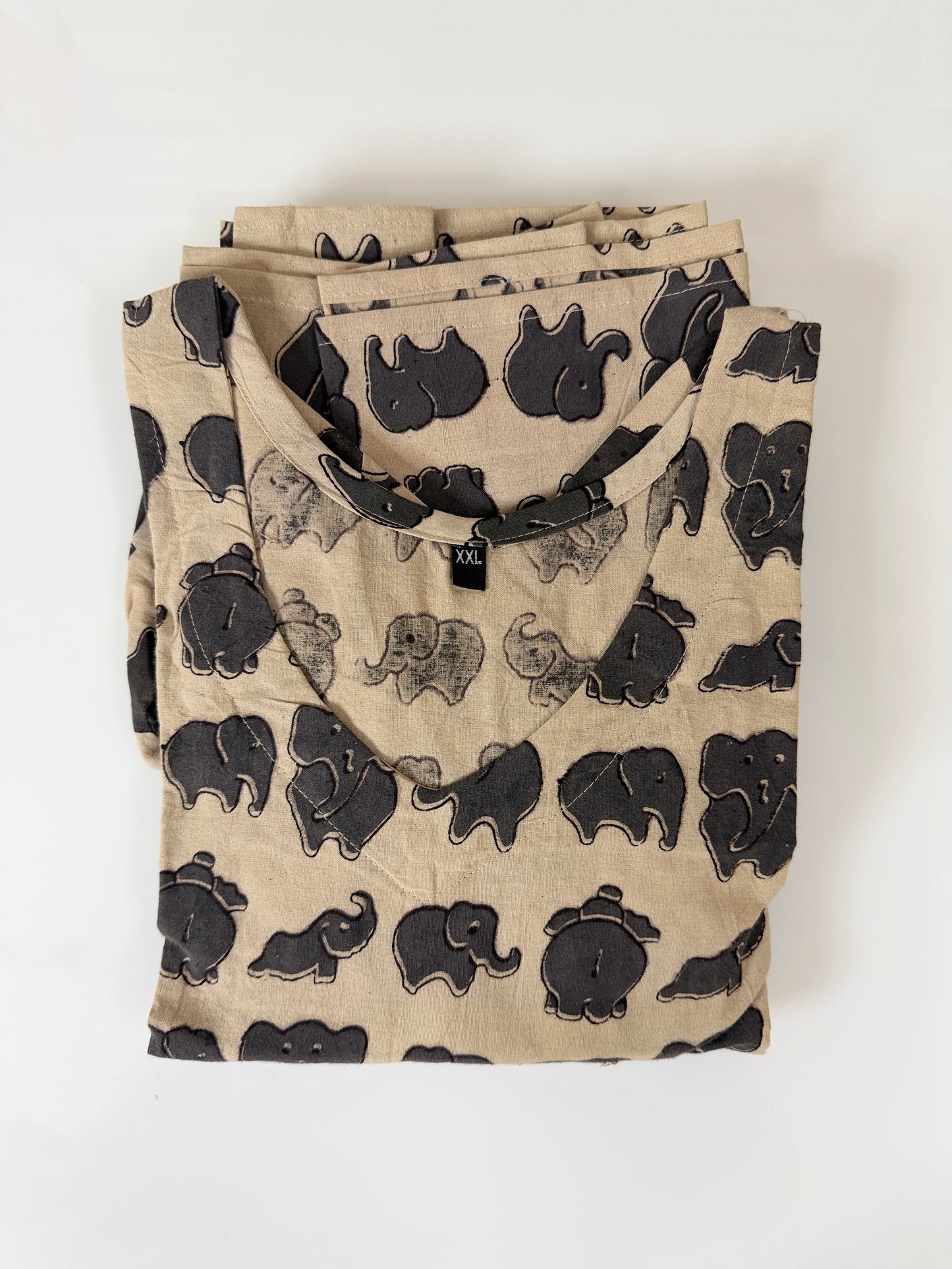 Kalamkari Cotton Frock Beige Grey Elephant Print