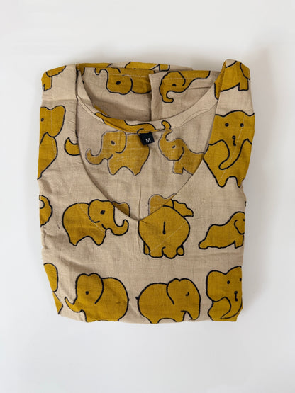 Kalamkari Cotton Frock Beige Mustard Elephant Print