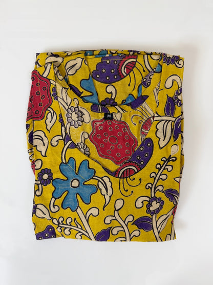 Kalamkari Cotton Frock Yellow Multicolor Floral Print