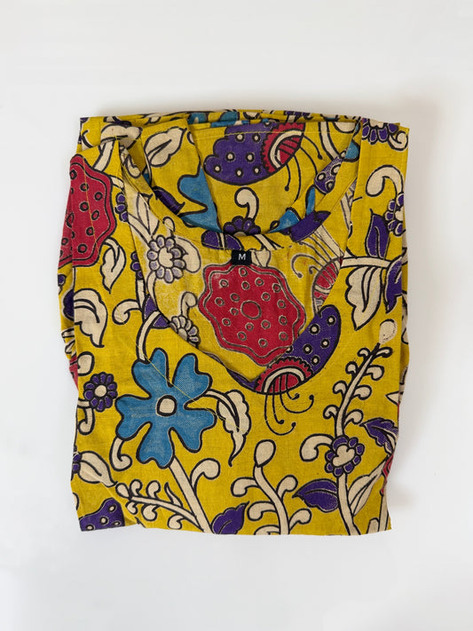 Kalamkari Cotton Frock Yellow Multicolor Floral Print