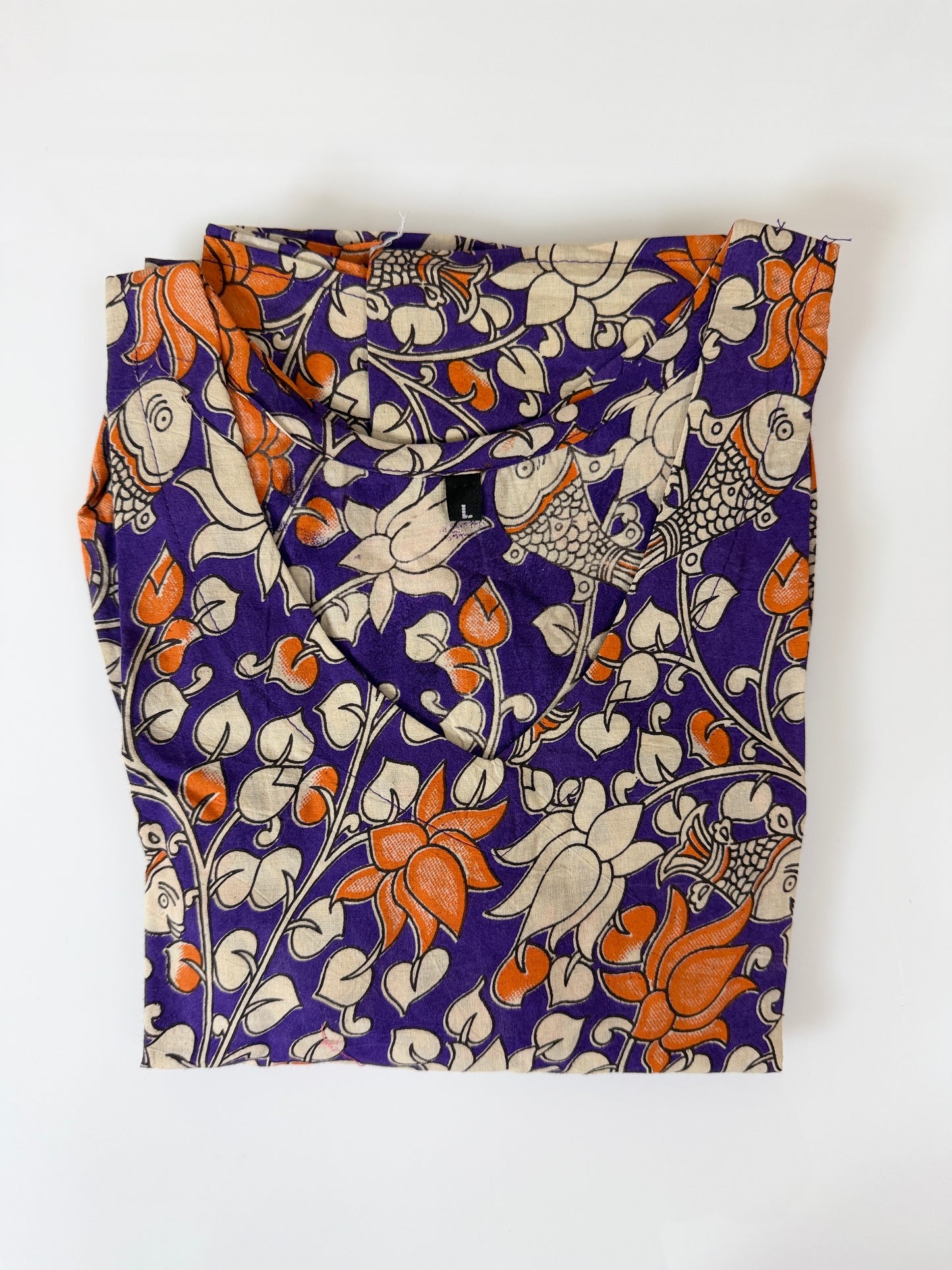 Kalamkari Cotton Frock Purple Orange Floral Fish Print