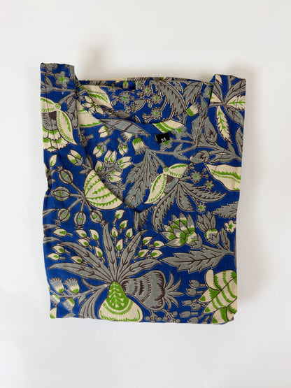 Kalamkari Cotton Frock Blue Green Botanical Print