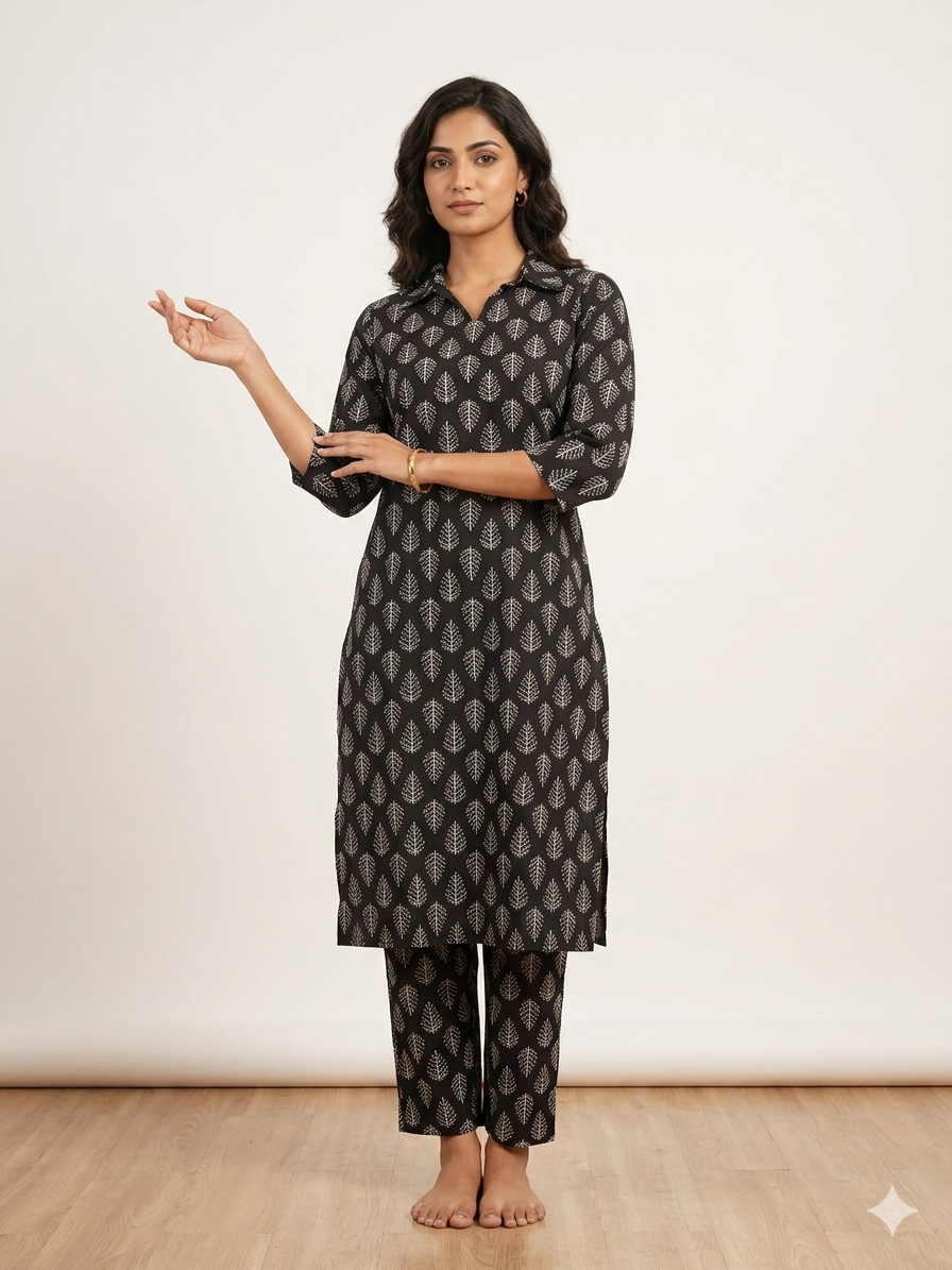 Black Leaf Print Outdoor Wear Coords