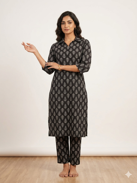 Black Leaf Print Outdoor Wear Coords