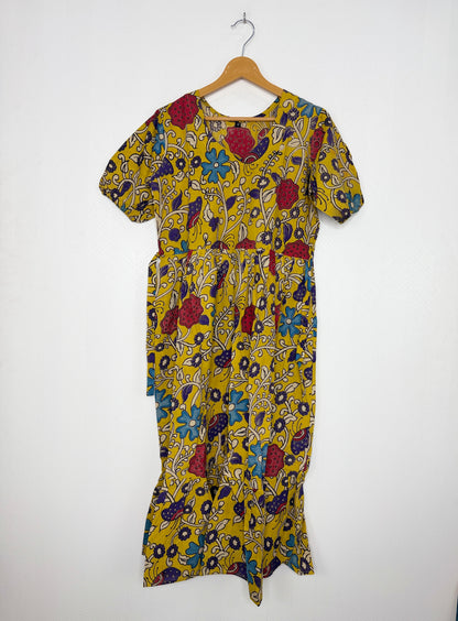 Kalamkari Cotton Frock Yellow Multicolor Floral Print