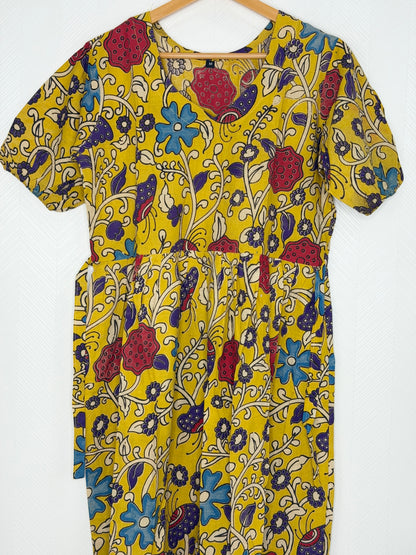 Kalamkari Cotton Frock Yellow Multicolor Floral Print