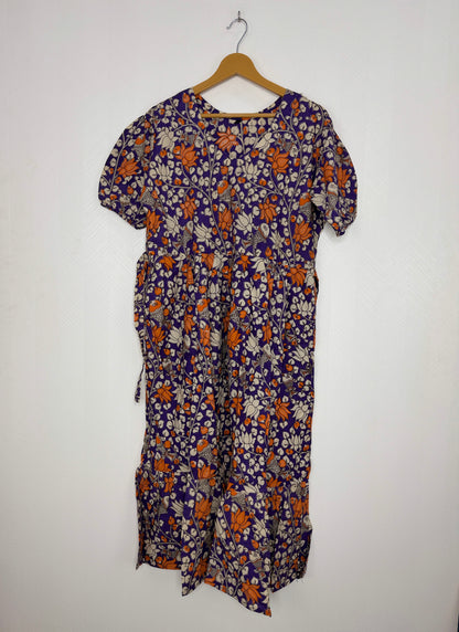 Kalamkari Cotton Frock Purple Orange Floral Fish Print