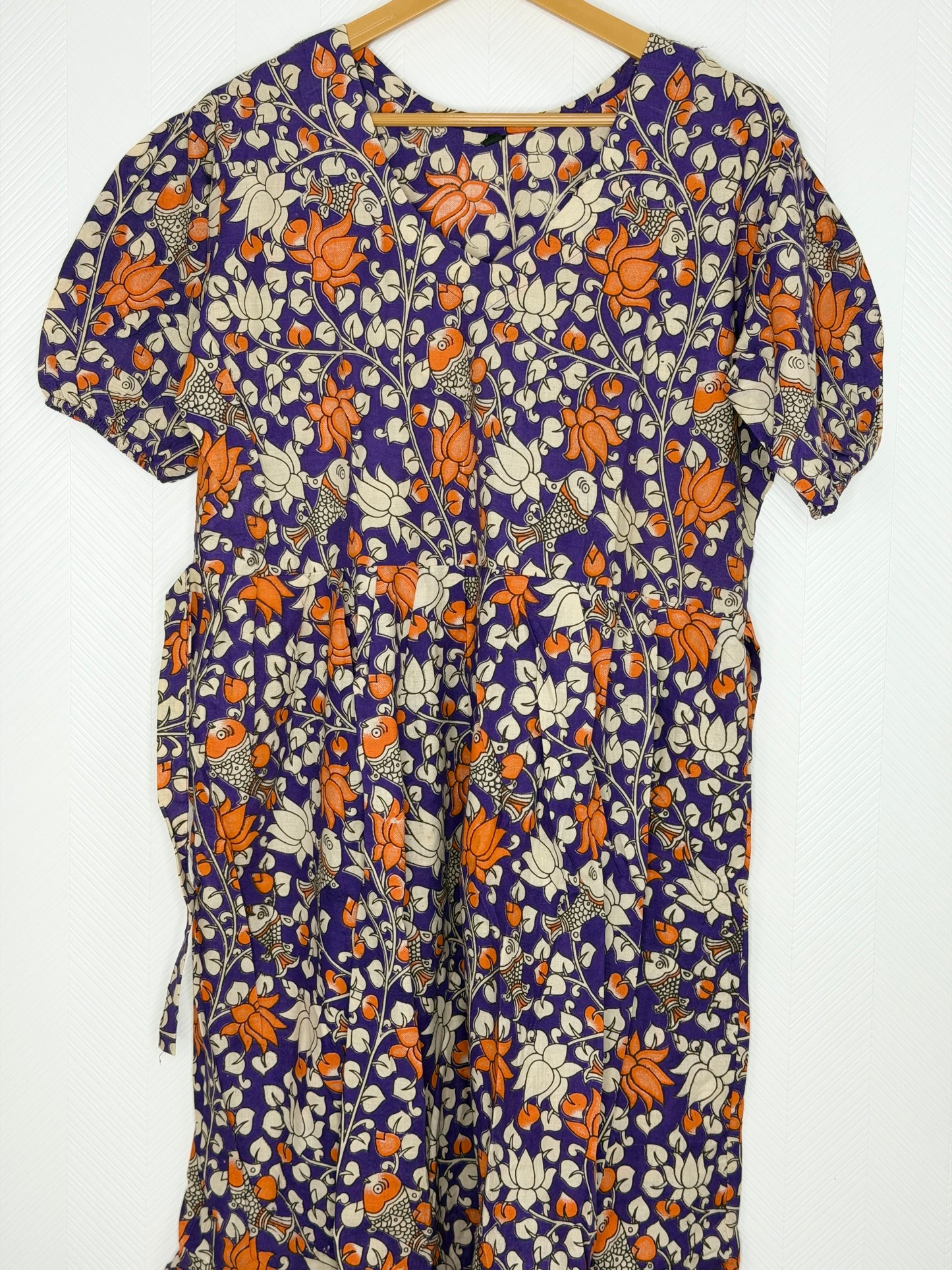Kalamkari Cotton Frock Purple Orange Floral Fish Print