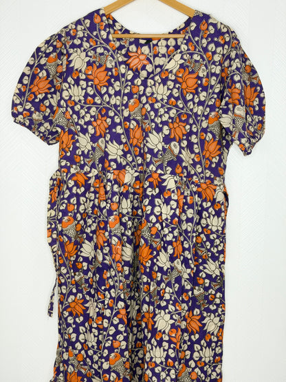 Kalamkari Cotton Frock Purple Orange Floral Fish Print