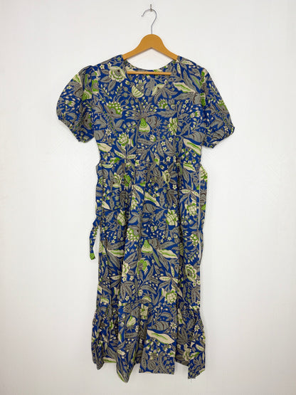 Kalamkari Cotton Frock Blue Green Botanical Print