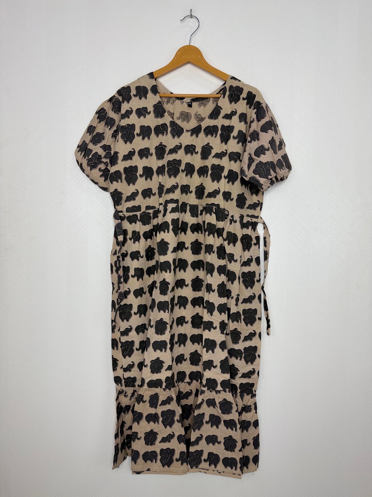 Kalamkari Cotton Frock Beige Grey Elephant Print