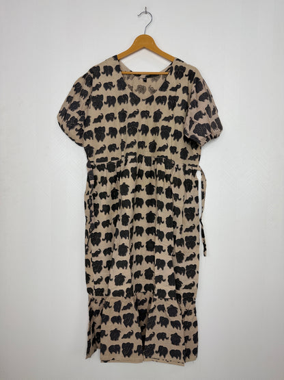Kalamkari Cotton Frock Beige Grey Elephant Print