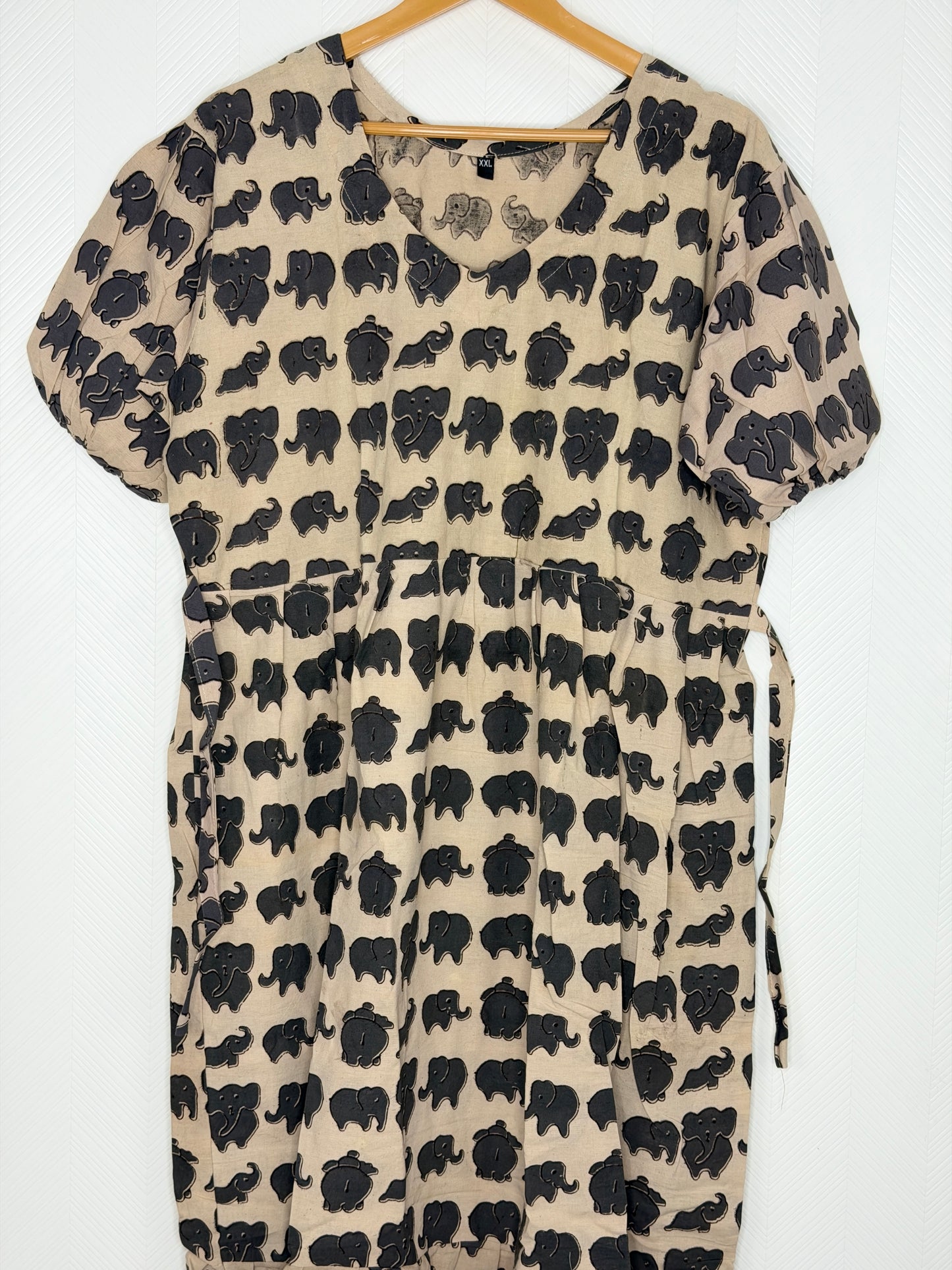 Kalamkari Cotton Frock Beige Grey Elephant Print