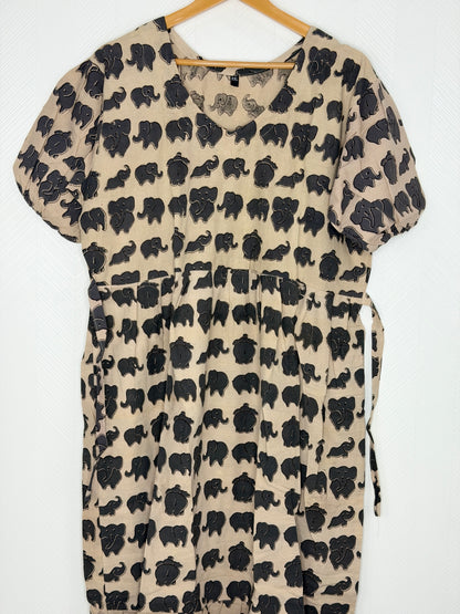 Kalamkari Cotton Frock Beige Grey Elephant Print