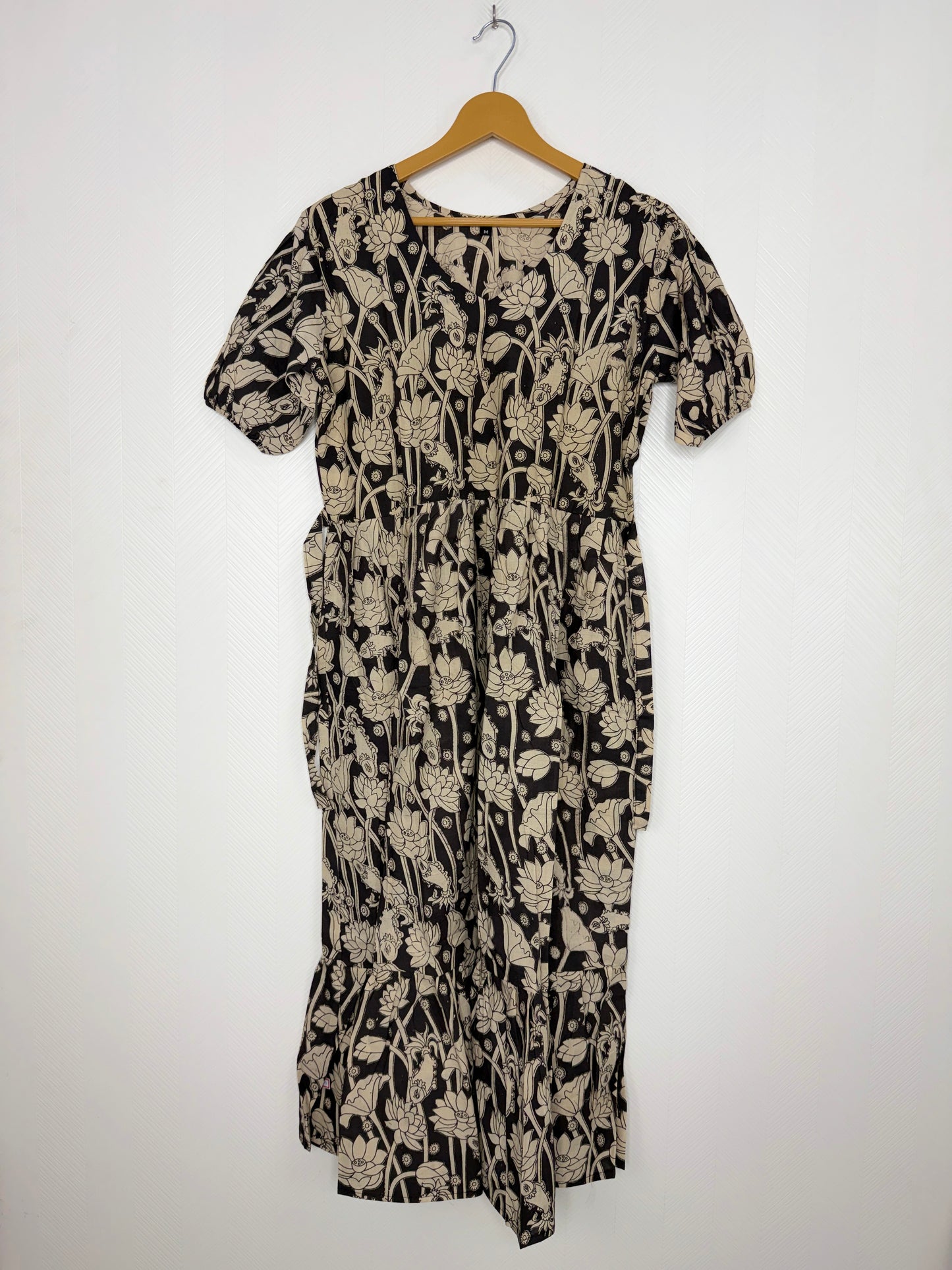 Kalamkari Cotton Frock Black Beige Floral Print