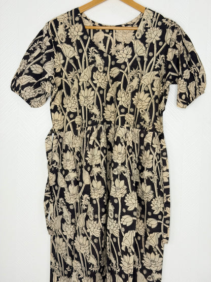 Kalamkari Cotton Frock Black Beige Floral Print