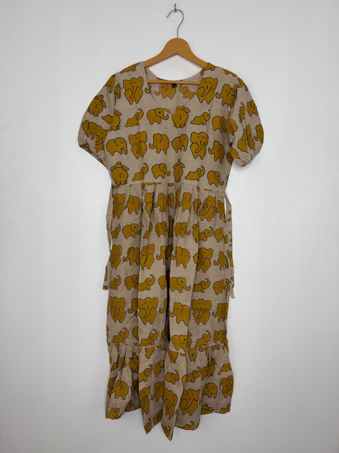 Kalamkari Cotton Frock Beige Mustard Elephant Print