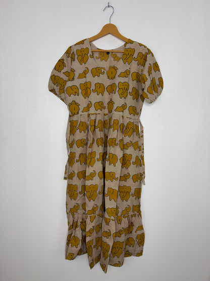 Kalamkari Cotton Frock Beige Mustard Elephant Print