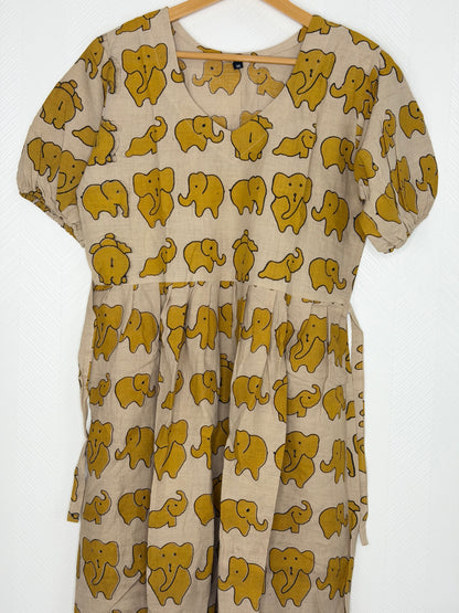 Kalamkari Cotton Frock Beige Mustard Elephant Print