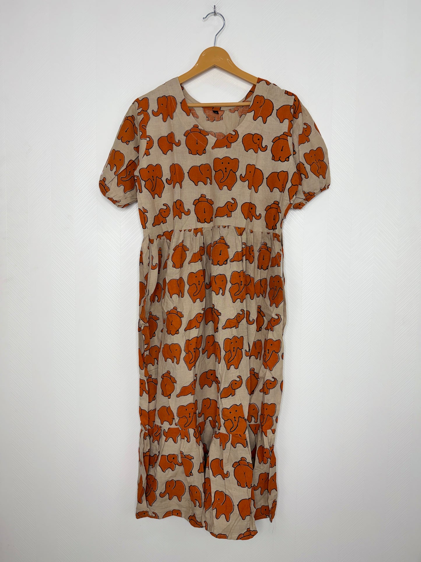 Kalamkari Cotton Frock Beige Elephant Print