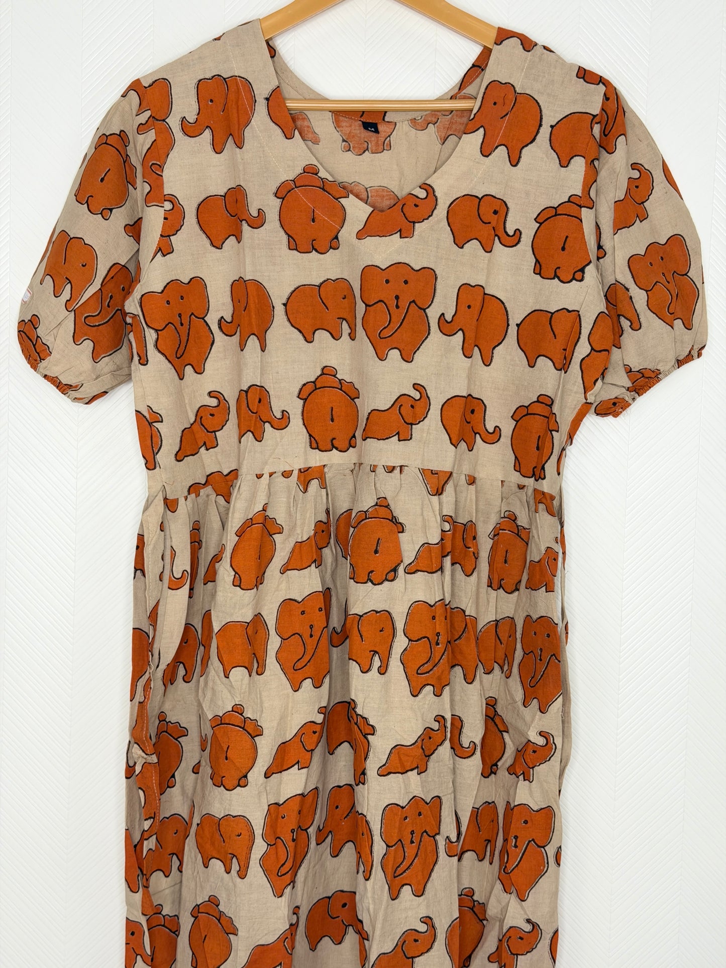 Kalamkari Cotton Frock Beige Elephant Print