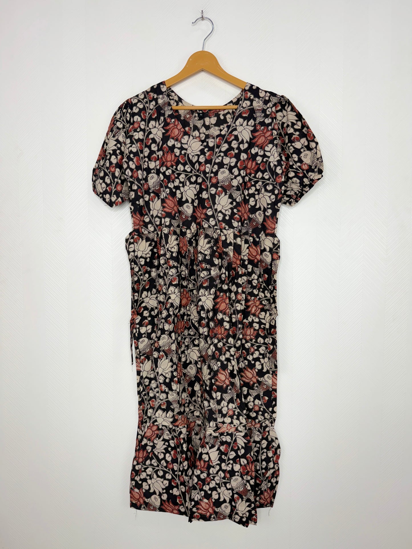 Kalamkari Cotton Frock Black Floral Fish Print