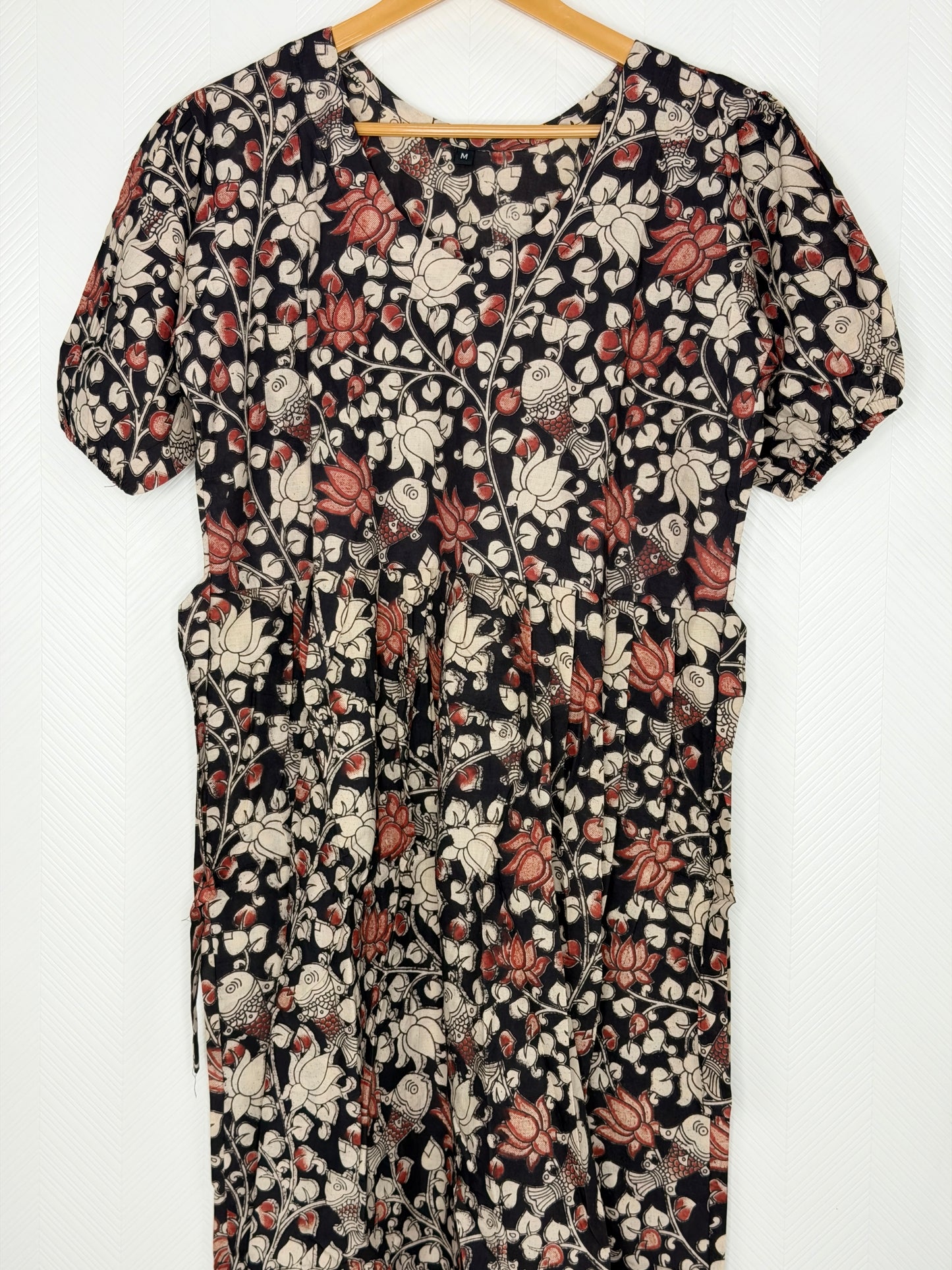 Kalamkari Cotton Frock Black Floral Fish Print
