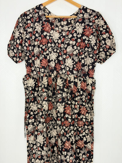 Kalamkari Cotton Frock Black Floral Fish Print