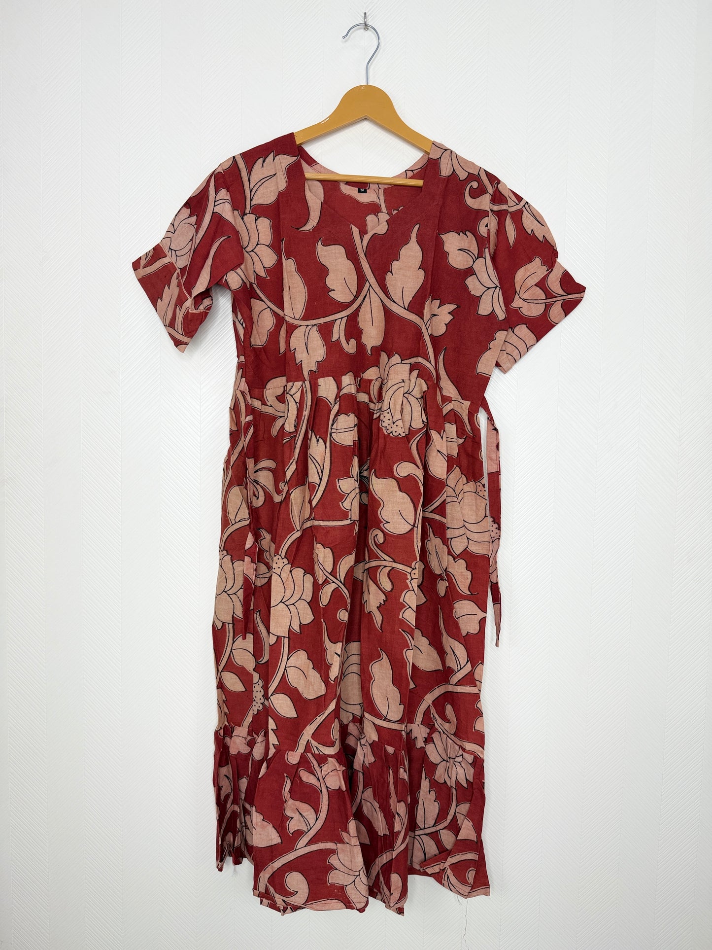 Kalamkari Cotton Frock Rust Floral Leaf Print